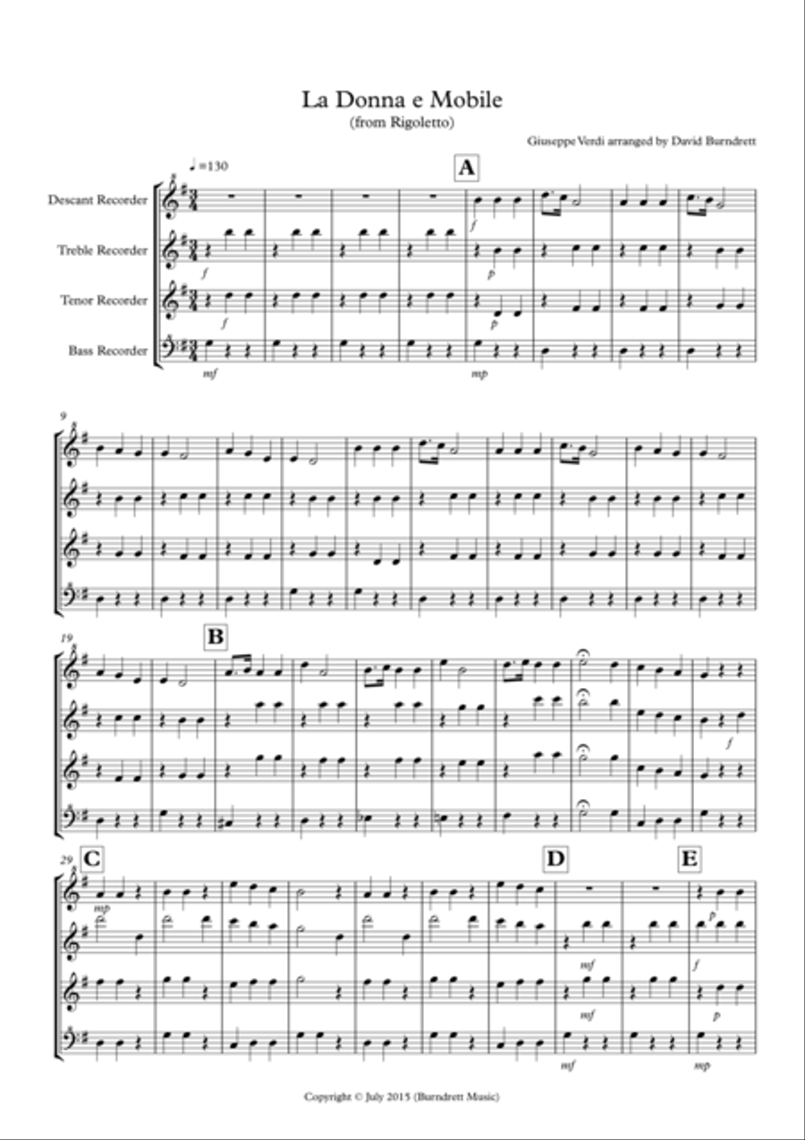 La Donna e Mobile (from Rigoletto) for Recorder Quartet Recorder scores gallery preview page 1