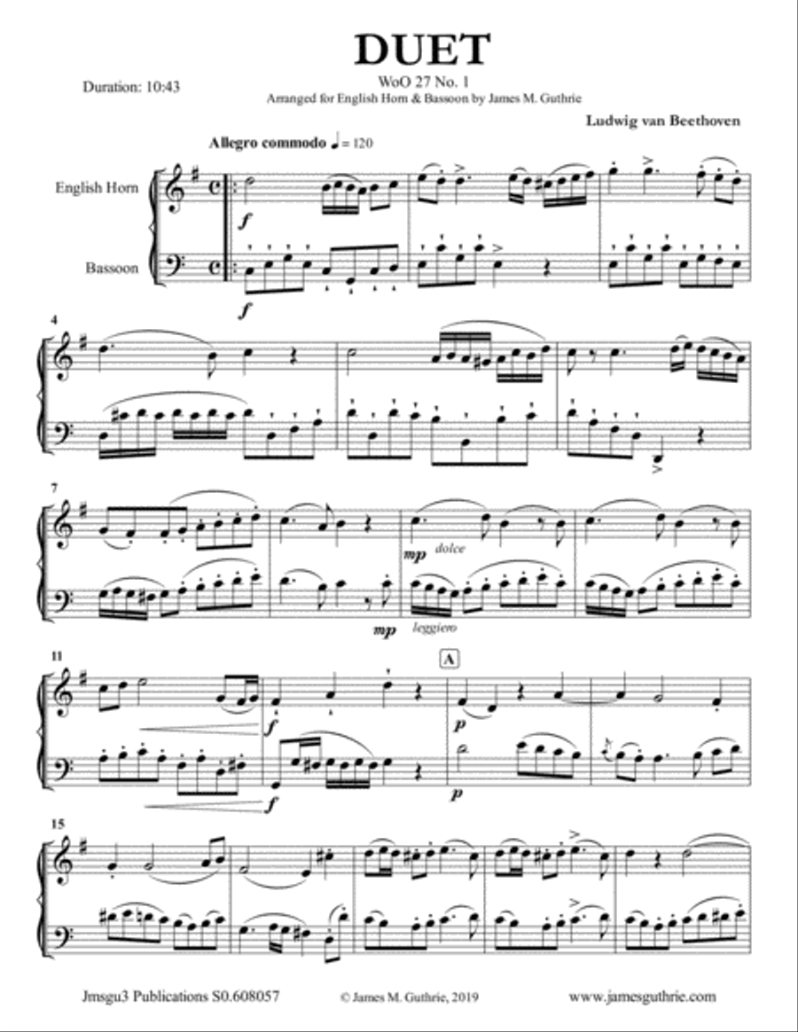 Beethoven: Three Duets WoO 27 for English Horn & Bassoon Woodwind Duet scores gallery preview page 1