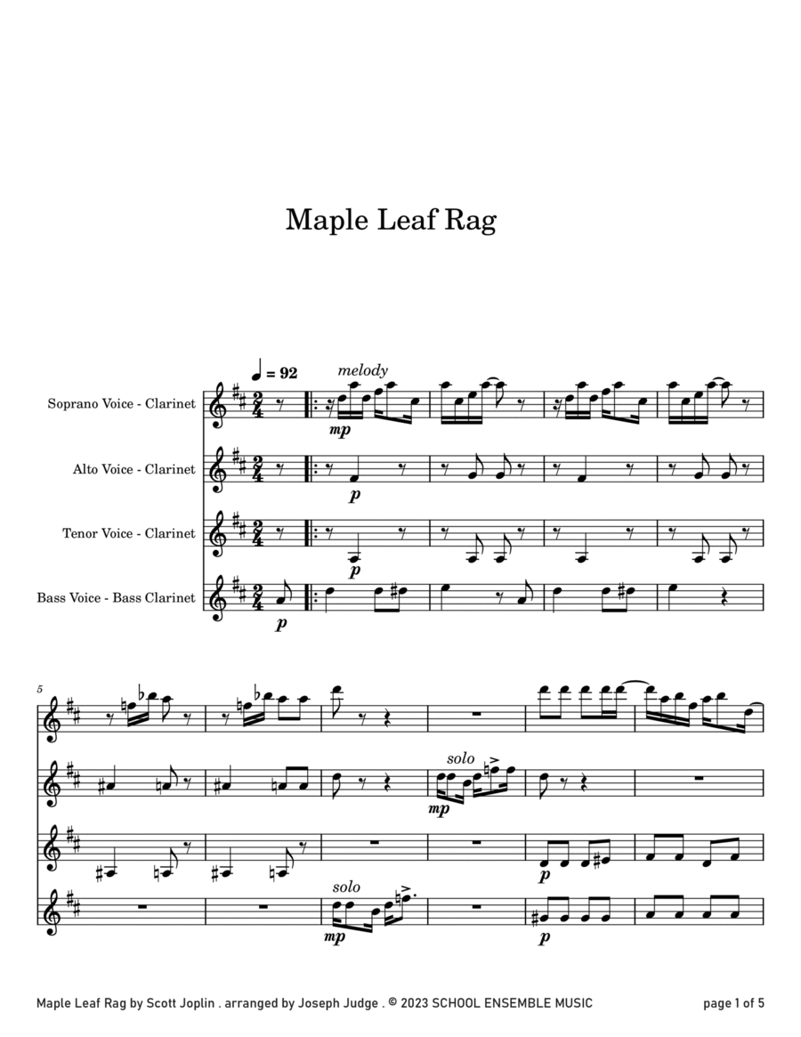 Maple Leaf Rag by Scott Joplin for Clarinet Quartet in School Clarinet Quartet scores gallery preview page 1