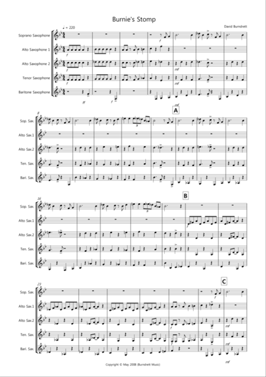 Burnie's Stomp for Saxophone Quintet Saxophone Quintet scores gallery preview page 1