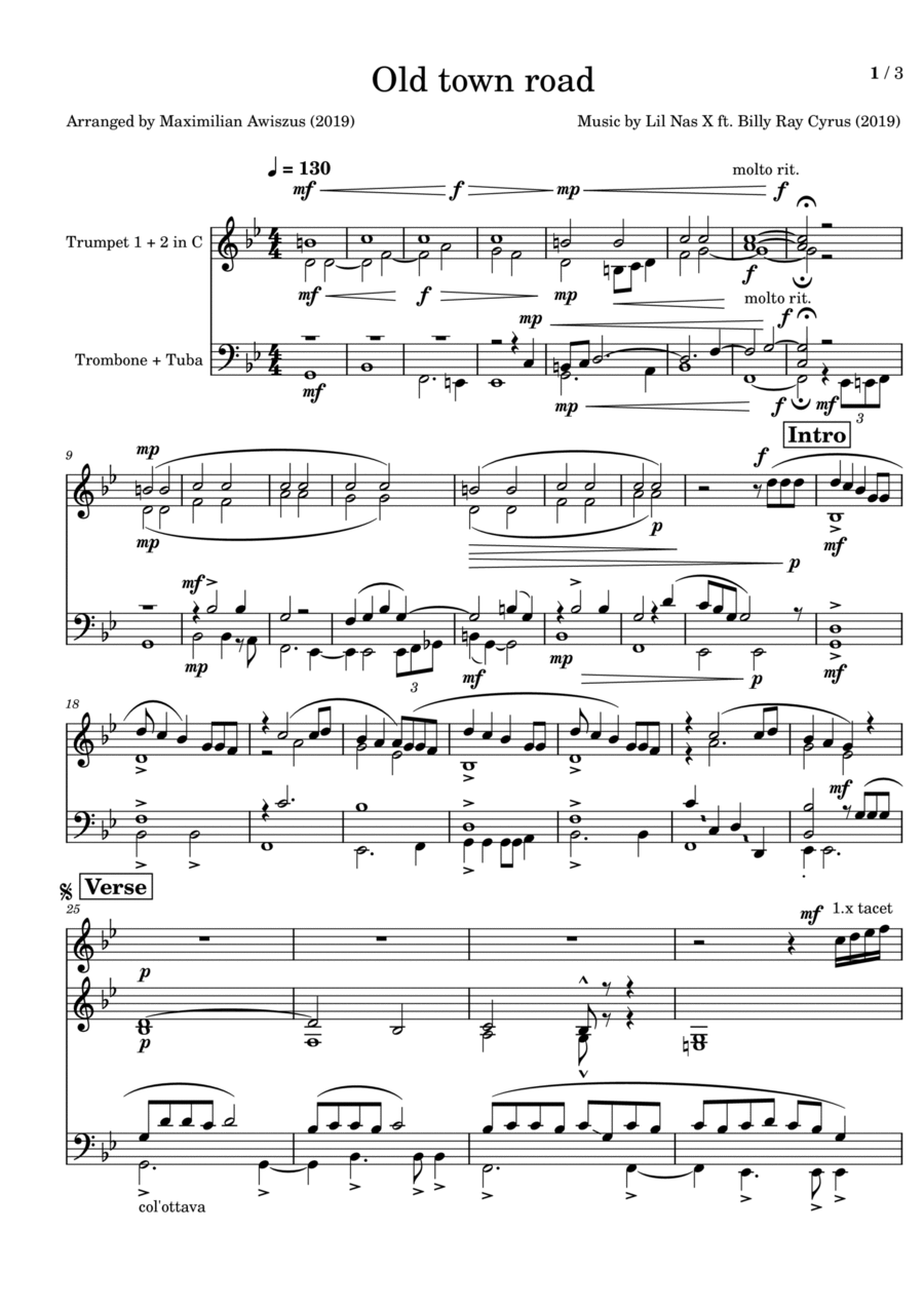 Old Town Road (remix) Brass Ensemble scores gallery preview page 1