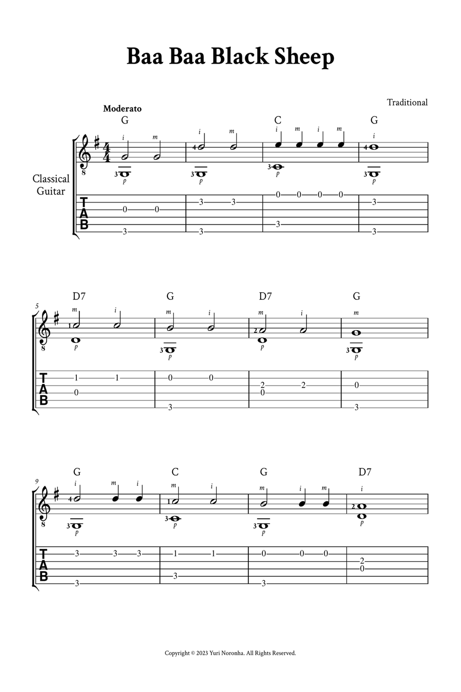 Baa Baa Black Sheep - Fingerstyle Guitar (with TAB, Chords and Fingering) Acoustic Guitar scores gallery preview page 1