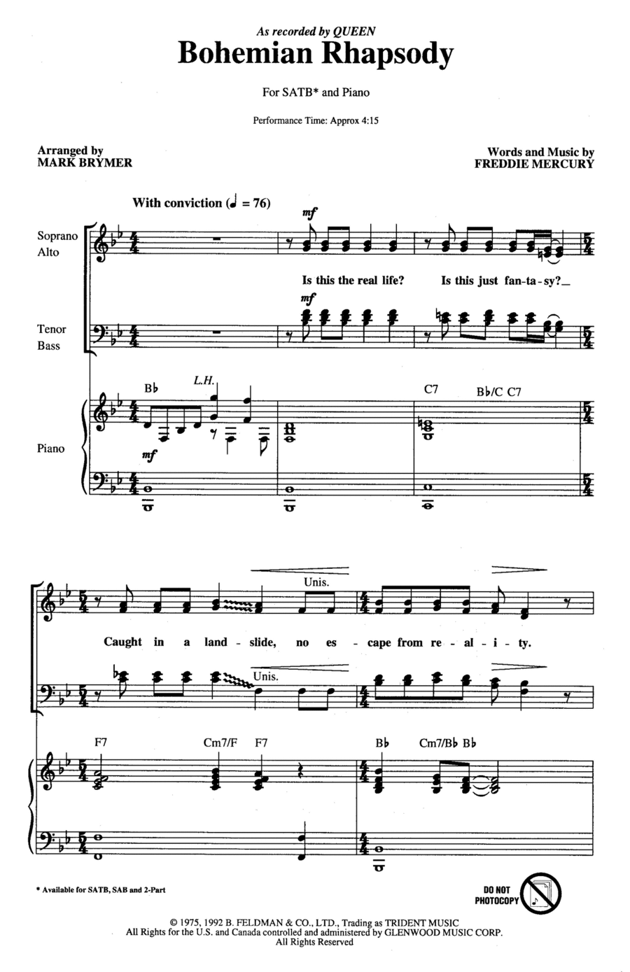 Bohemian Rhapsody (arr. Mark Brymer) 4-Part scores gallery preview page 1