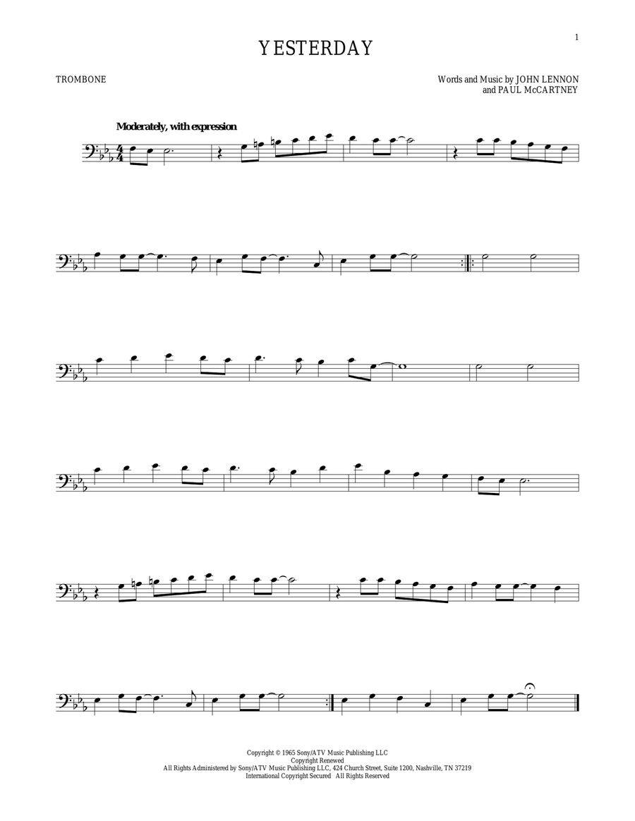 Yesterday Yesterday Trombone Solo scores gallery preview page 1