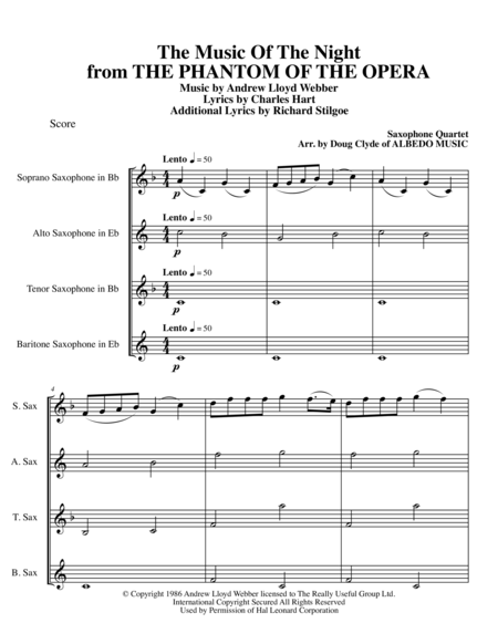 The Music Of The Night from THE PHANTOM OF THE OPERA for Saxophone Quartet image number null