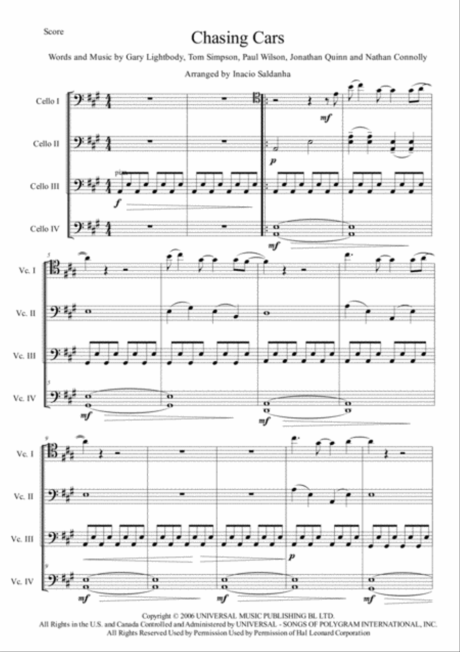 Chasing Cars String Quartet scores gallery preview page 1