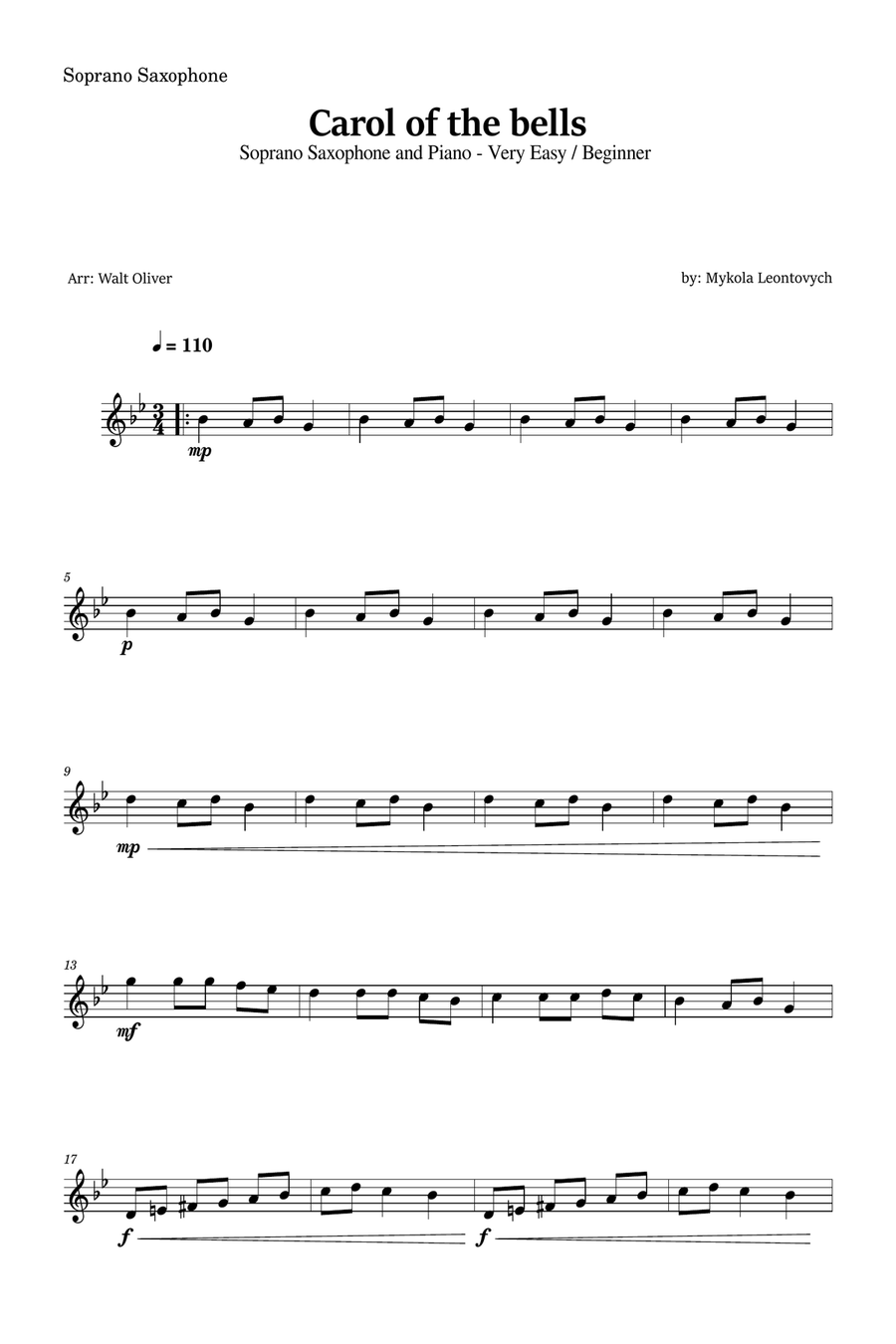 Carol of the Bells for Soprano Saxophone and Piano (Very Easy - Beginner) in F minor - With Chords Soprano Saxophone scores gallery preview page 4