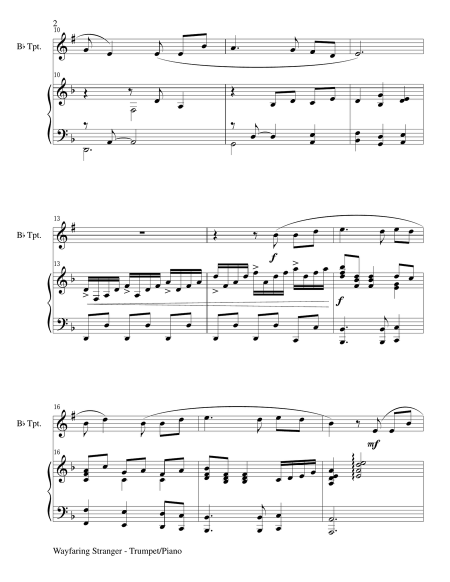 WAYFARING STRANGER (Bb Trumpet/Piano and Trumpet Part) Trumpet Duet scores gallery preview page 2