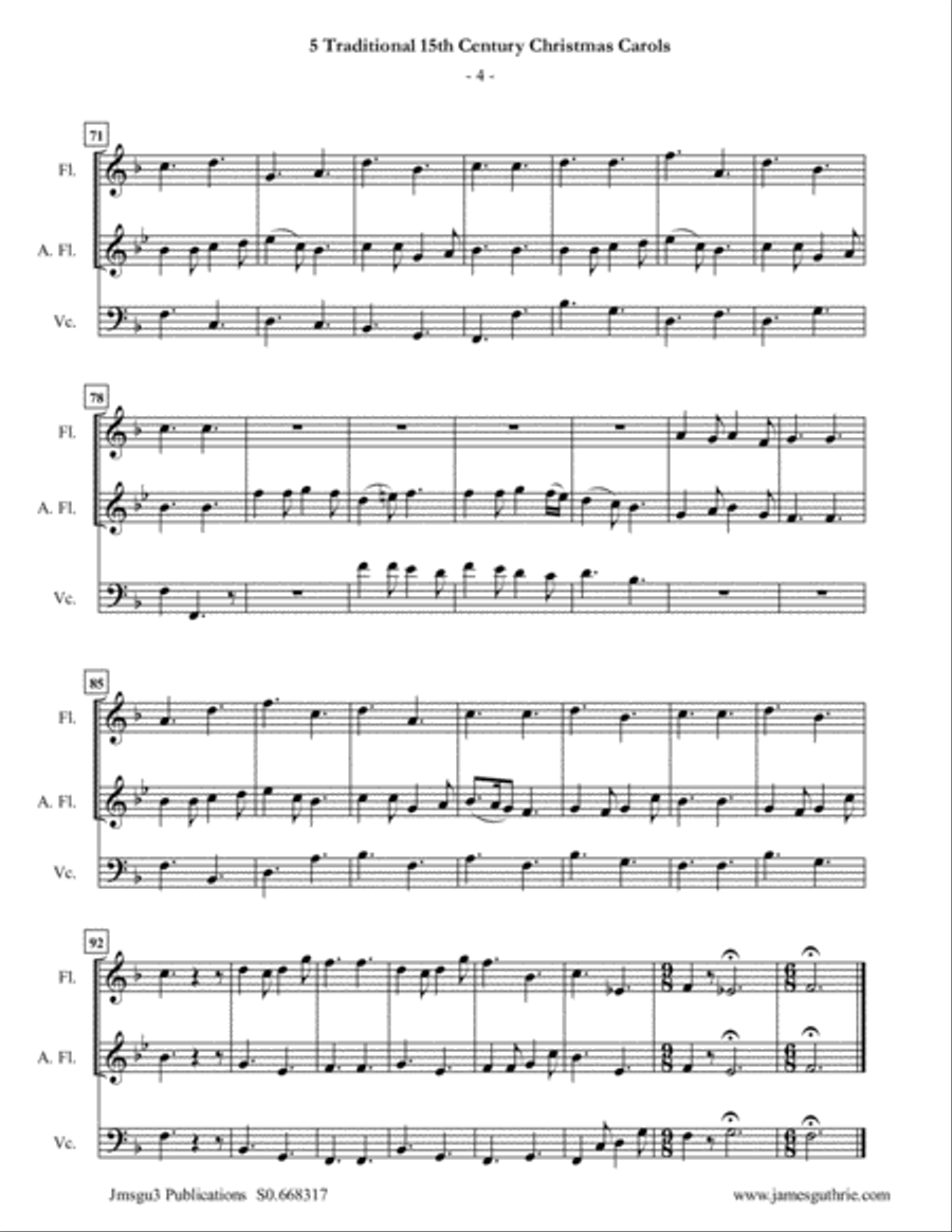 5 Traditional 15th Century Christmas Carols for Flute, Alto Flute & Cello Flute scores gallery preview page 4