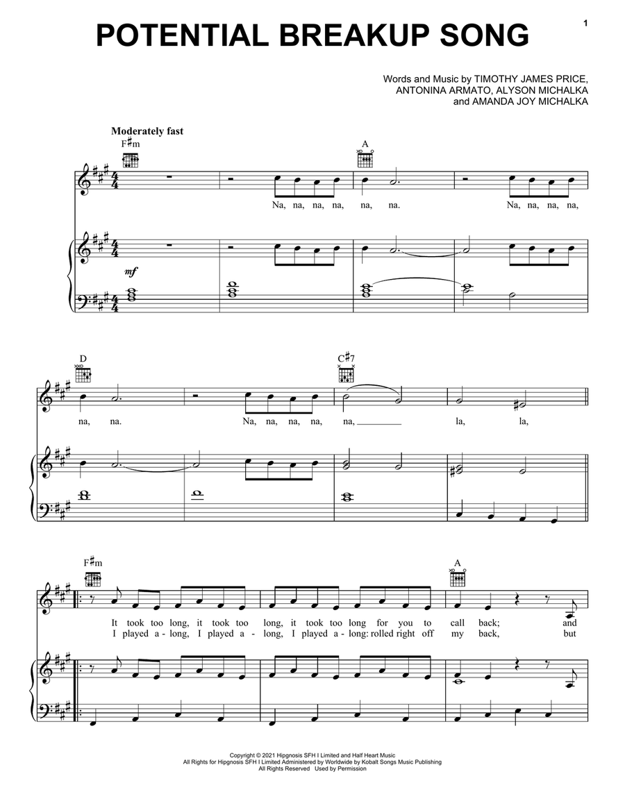 Potential Breakup Song Piano, Vocal, Guitar scores gallery preview page 1