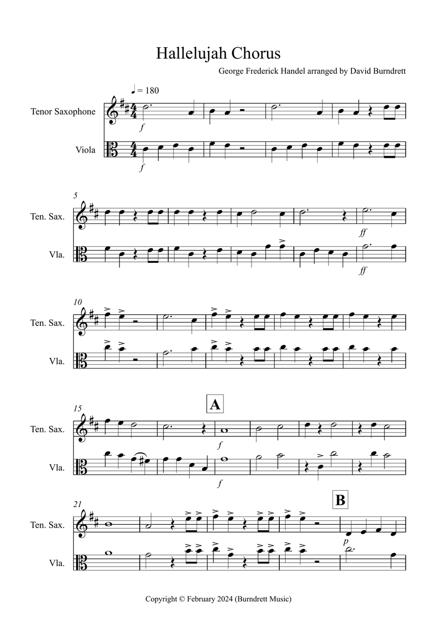 Book cover for Hallelujah Chorus for Tenor Saxophone and Viola Duet