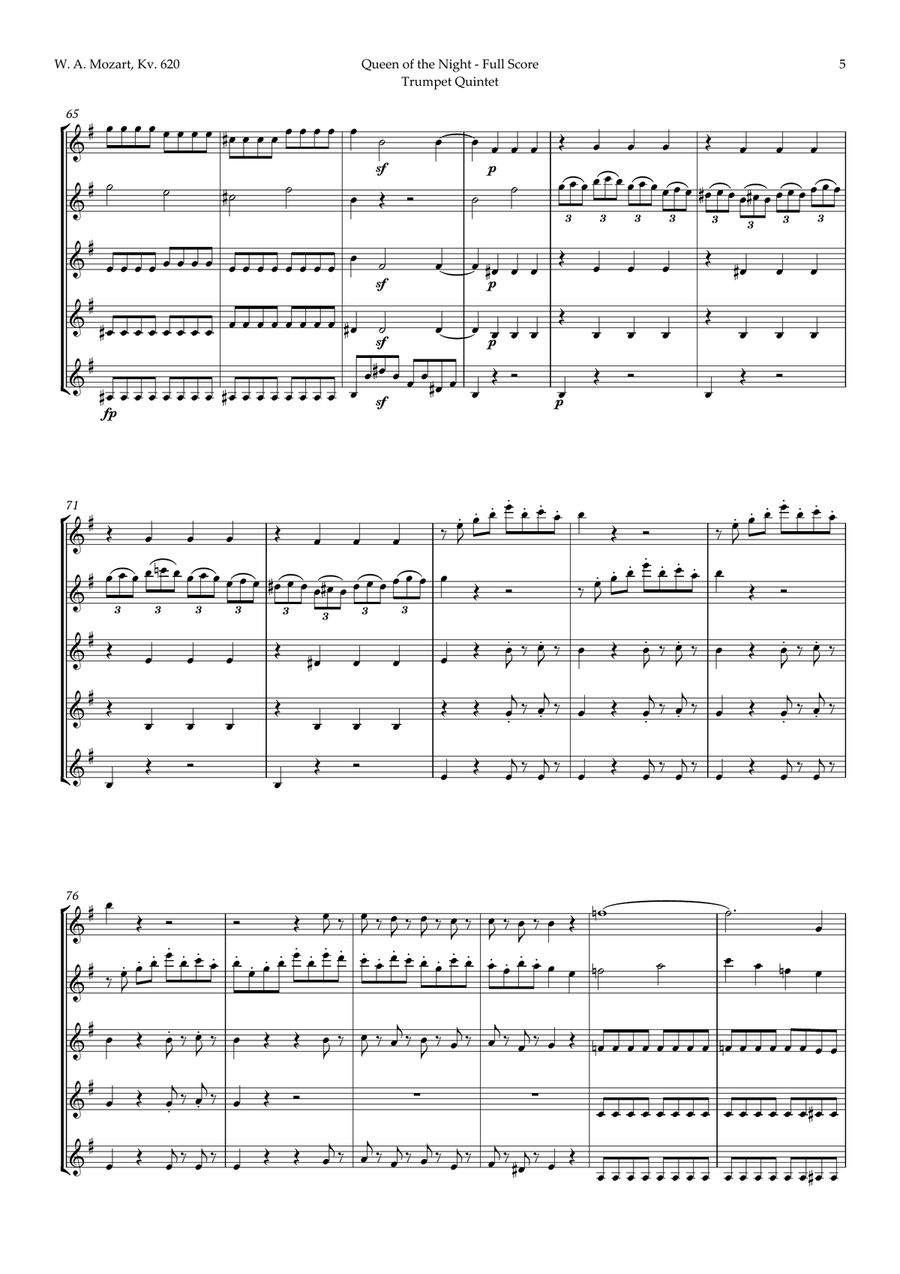 Queen of the Night Aria by Mozart for Trumpet Quintet Brass Quintet scores gallery preview page 5