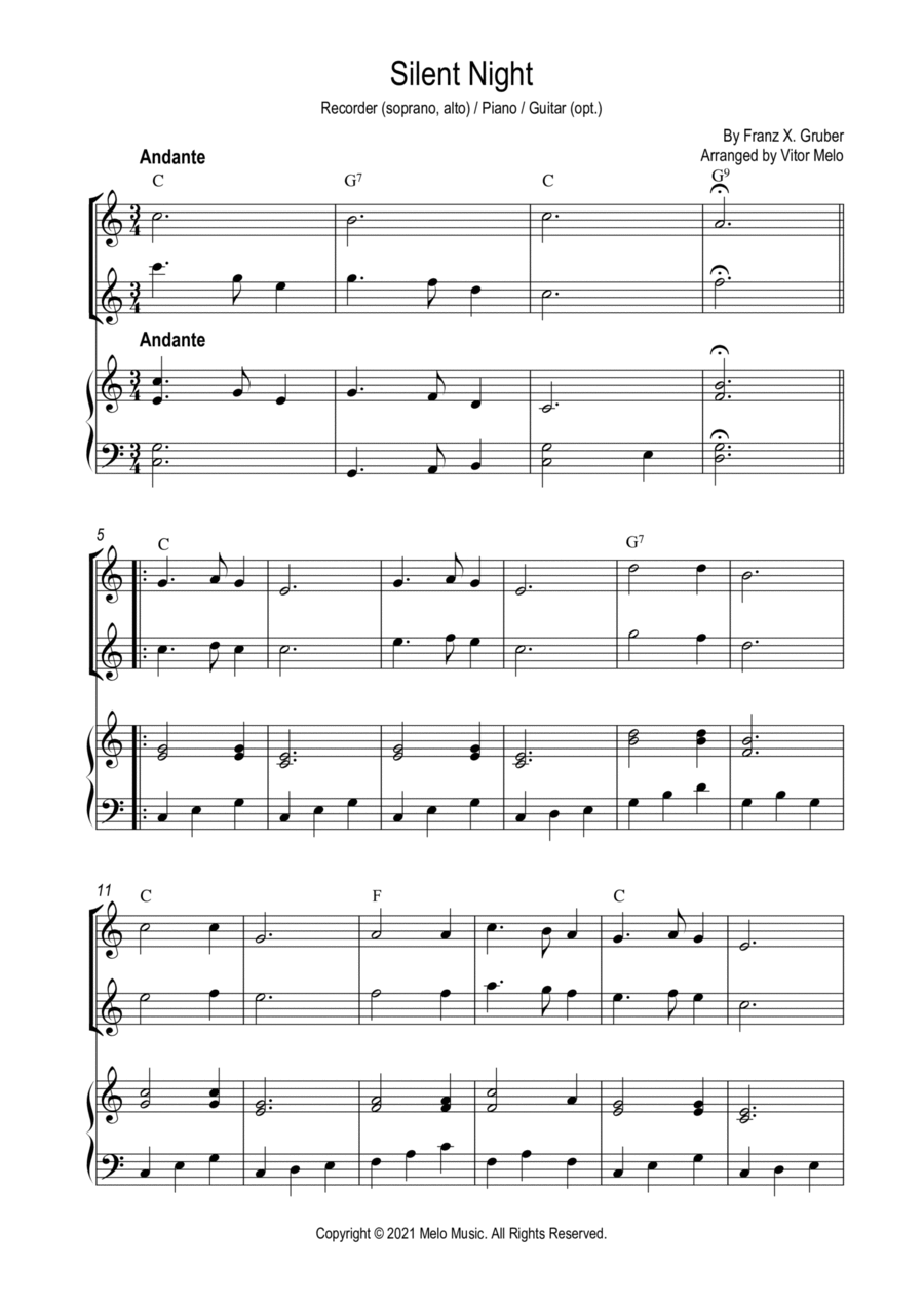 Silent Night (Stille Nacht) Recorder duet (Soprano, Alto) and Piano Woodwind Duet scores gallery preview page 1