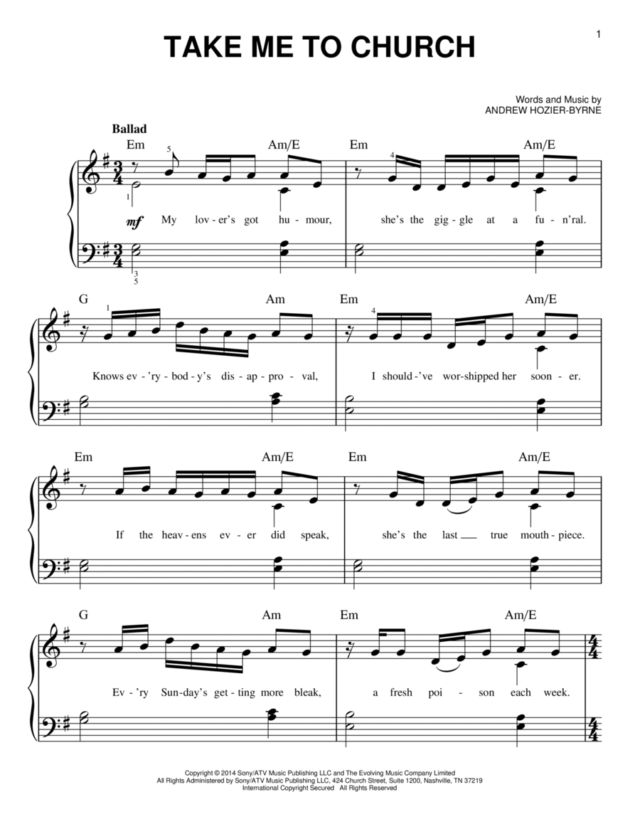 Take Me To Church Take Me To Church Easy Piano scores gallery preview page 1