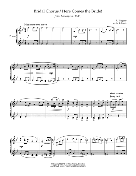 Bridal Chorus / Here Comes the Bride! for 1 piano, 4 hands (piano duet) image number null