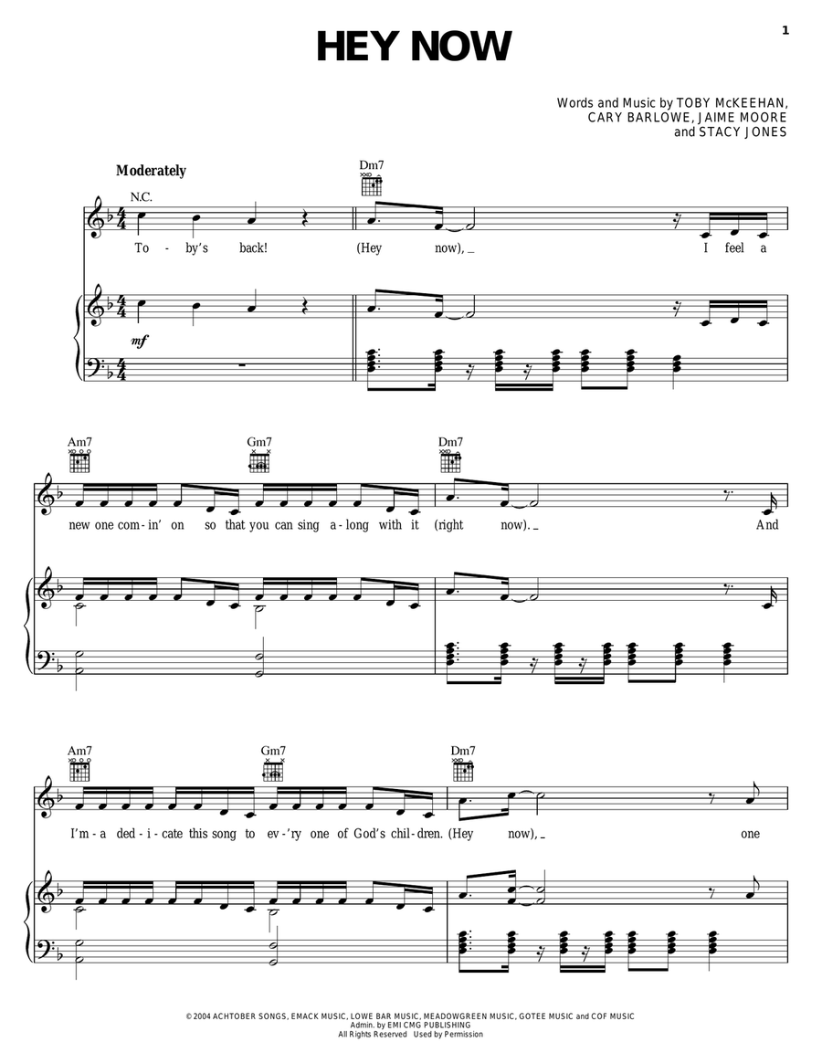 Hey Now Piano, Vocal, Guitar scores gallery preview page 1