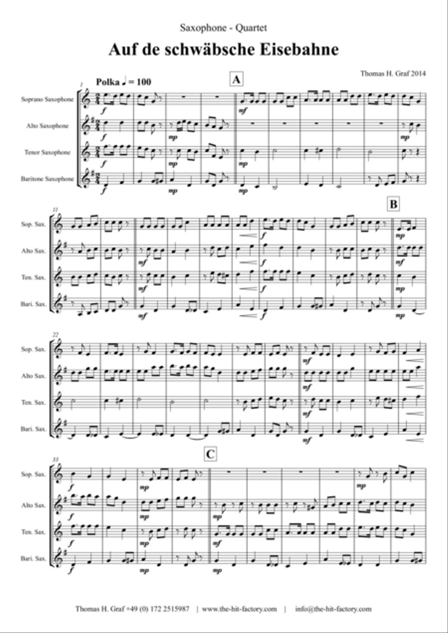 Auf der schäbsche Eisebahne - Swabian anthem/Oktoberfest - Saxophone Quartet Saxophone Quartet scores gallery preview page 1