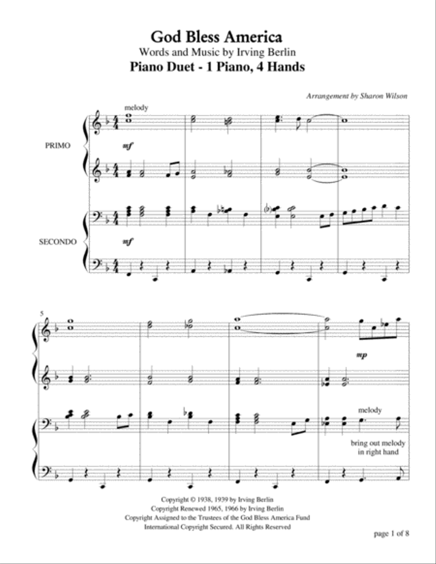 God Bless America 1 Piano, 4-Hands scores gallery preview page 2