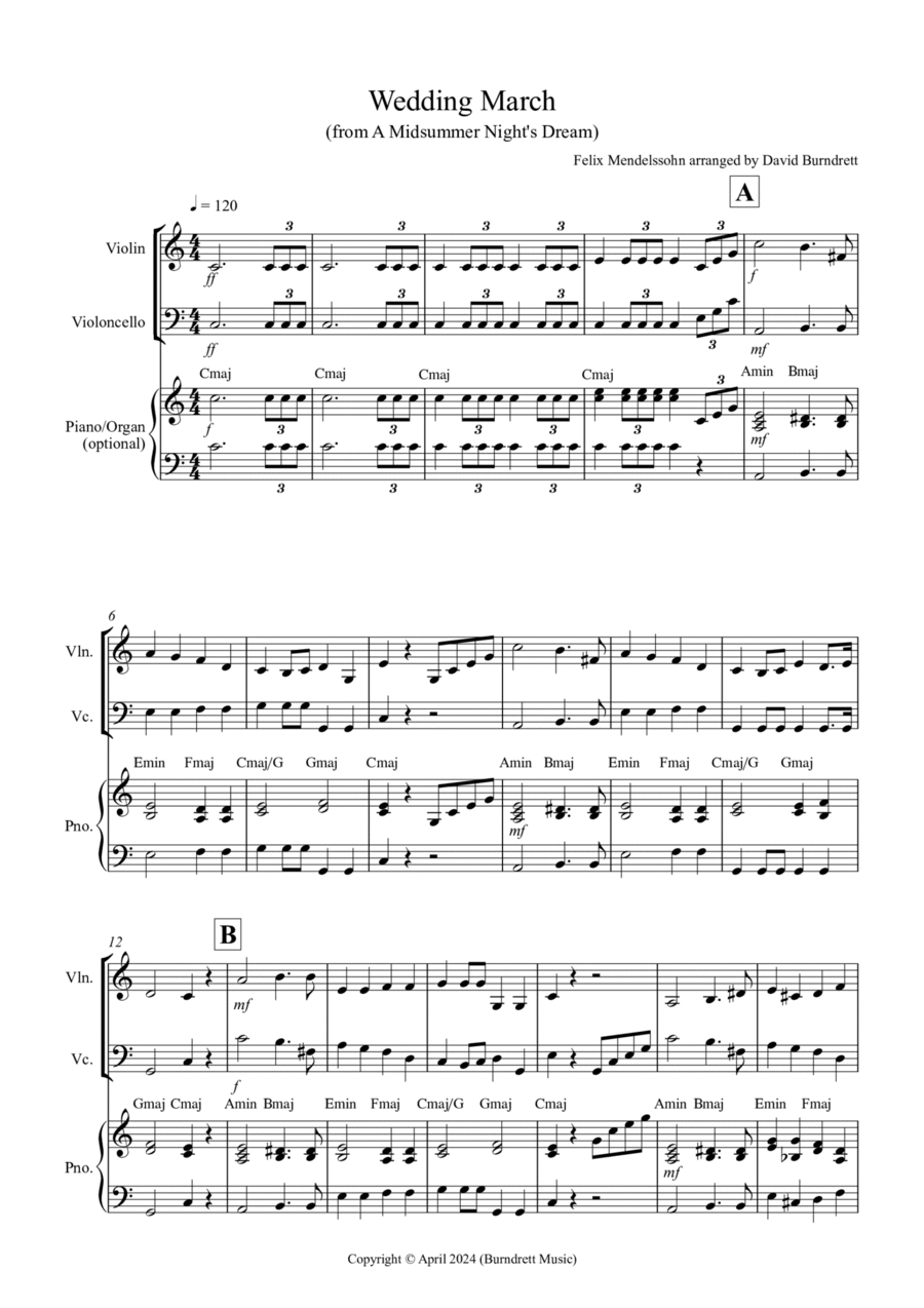 Wedding March (from A Midsummer Night's Dream) for Violin and Cello Duet String Duet scores gallery preview page 1