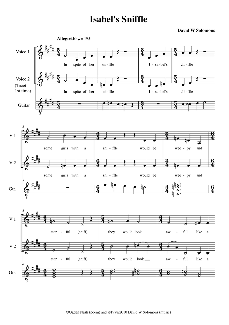 Isabel's sniffle for 2 altos and guitar Vocal Duet scores gallery preview page 1