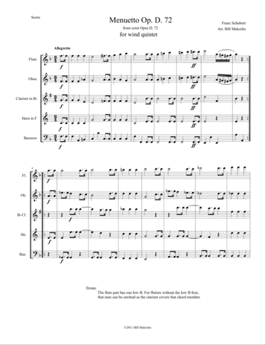 Menuetto and Finale Op. 72 D Woodwind Quintet scores gallery preview page 1