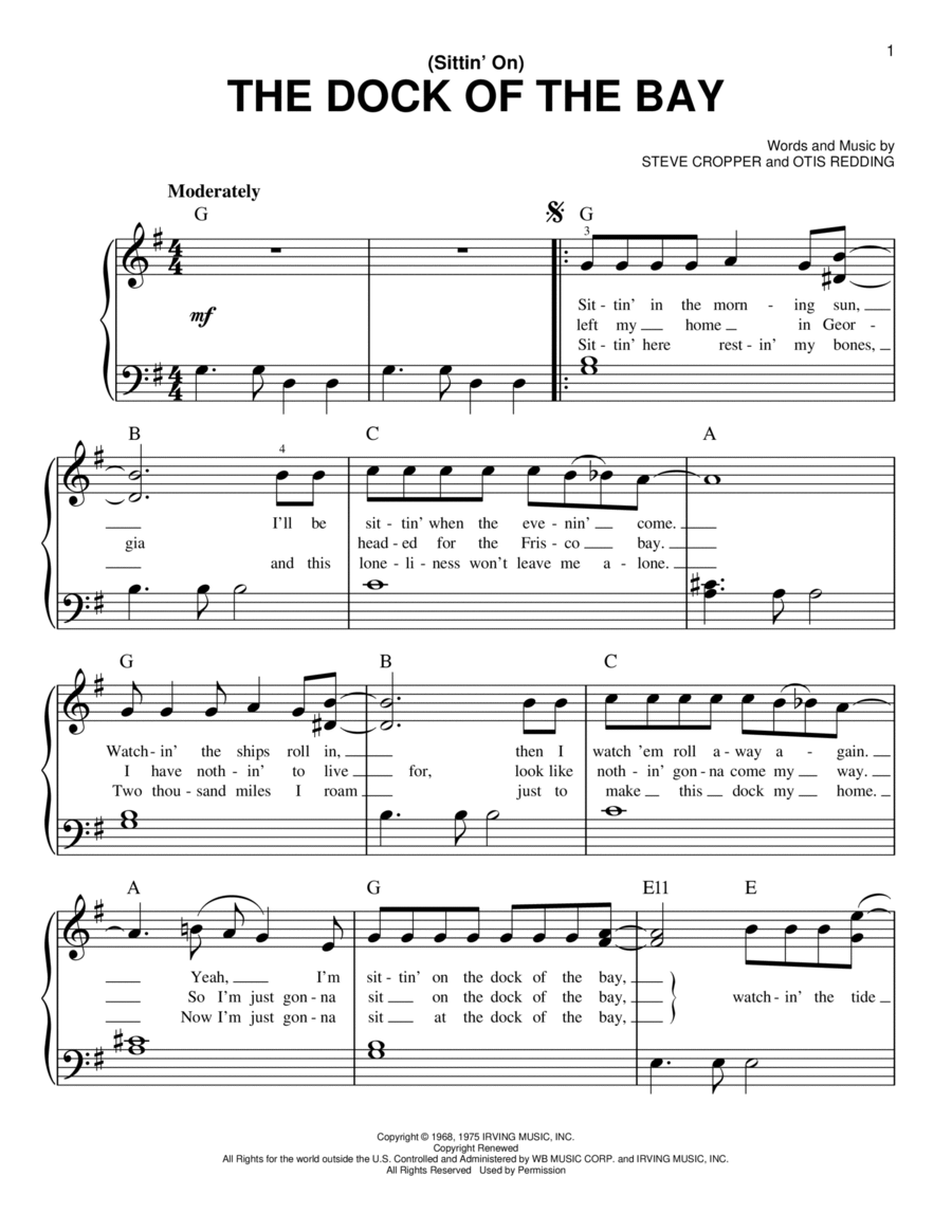 (Sittin' On) The Dock Of The Bay Easy Piano scores gallery preview page 1