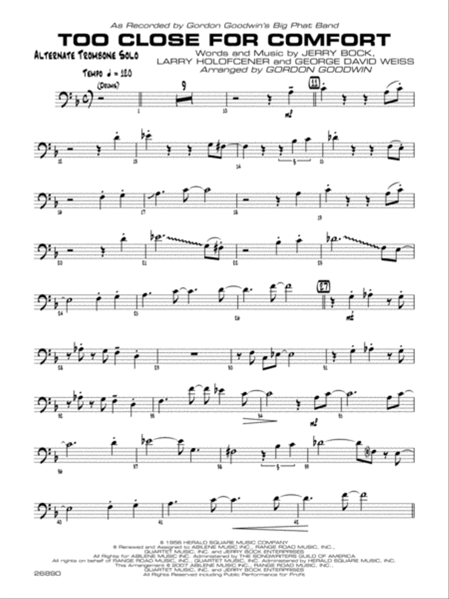 Too Close for Comfort: Optional Trombone Jazz Ensemble scores gallery preview page 1