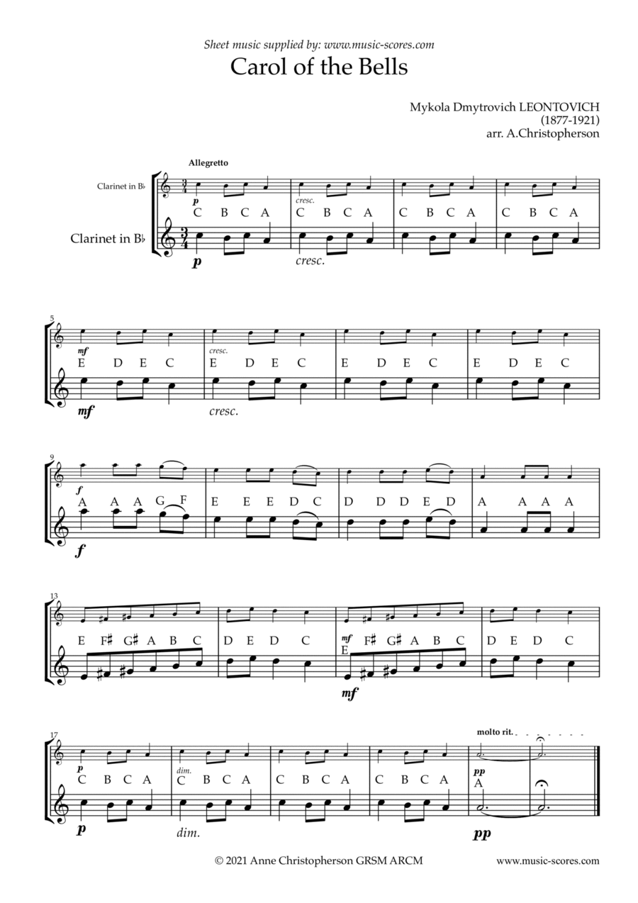 Carol of the Bells - Easy Clarinet with note names Clarinet Solo scores gallery preview page 1