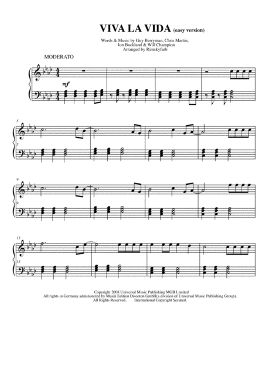 Viva La Vida Piano Solo scores gallery preview page 1