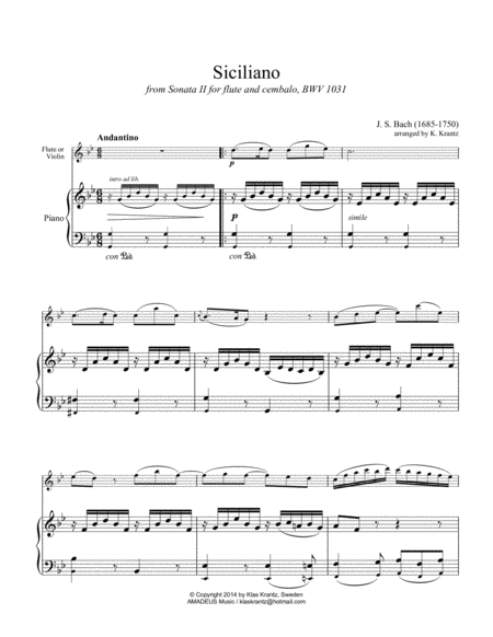 Siciliano BWV 1031 (G Minor) for violin or flute and easy piano image number null