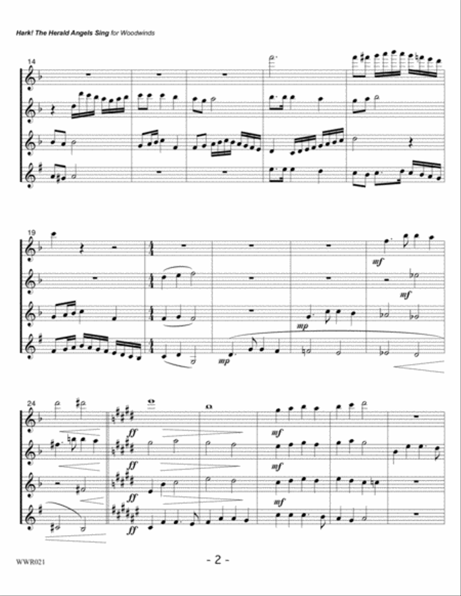 HARK! THE HERALD ANGELS SING - WOODWIND QUARTET (2 Flutes, Oboe & Clarinet - unaccompanied) Woodwind Quartet scores gallery preview page 2