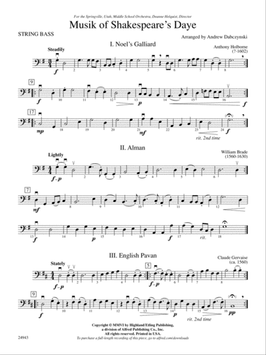 Musik of Shakespeare's Daye: String Bass String Orchestra scores gallery preview page 1