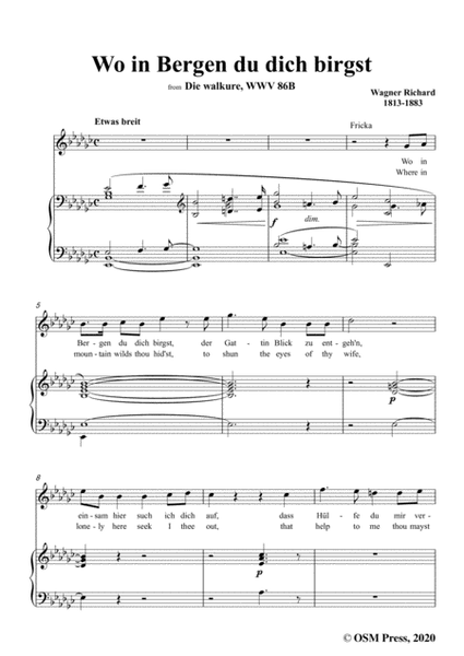Wagner-Wo in Bergen du dich birgst,in e flat minor,for Voice and Piano
