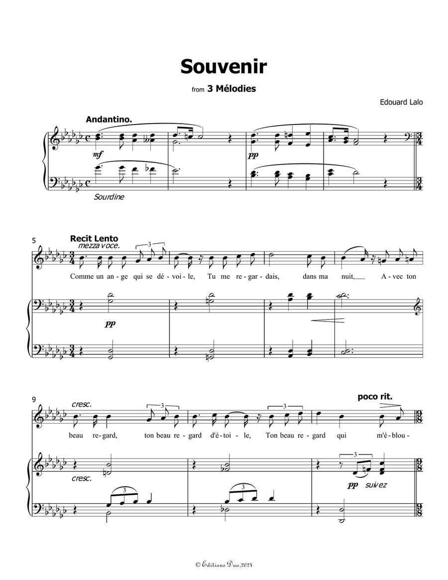 Souvenir, by Edouard Lalo, in G flat Major Piano, Vocal scores gallery preview page 3