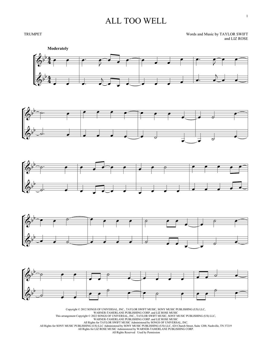 All Too Well Trumpet Duet scores gallery preview page 1