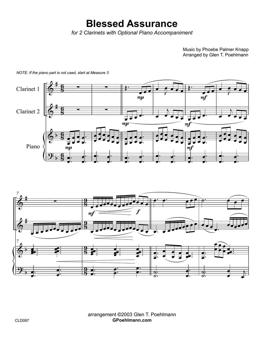 BLESSED ASSURANCE - CLARINET DUET with optional Piano Accompaniment Clarinet Duet scores gallery preview page 1