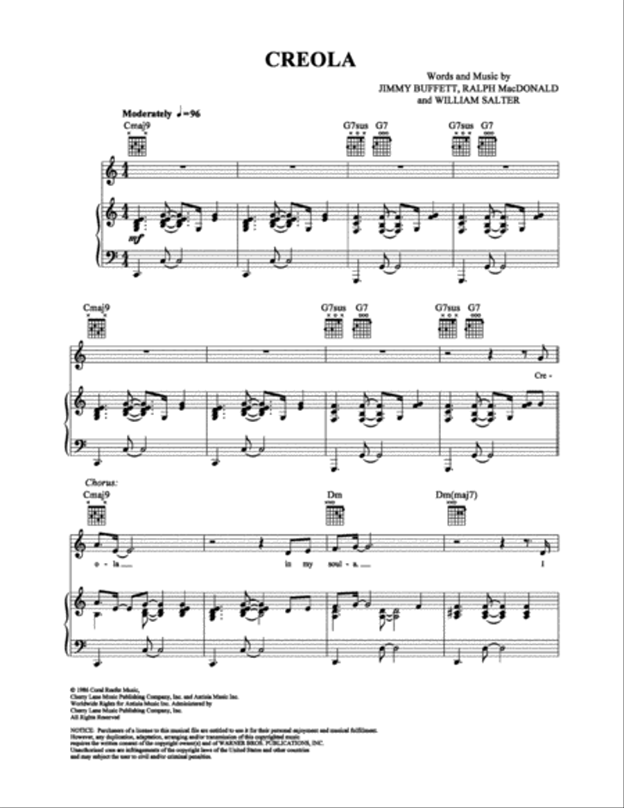 Creola Creola Piano, Vocal, Guitar scores gallery preview page 1