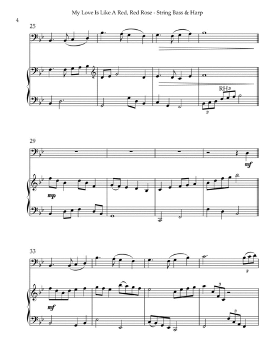 My Love Is Like A Red, Red Rose, Duet for String Bass & Harp String Duet scores gallery preview page 4