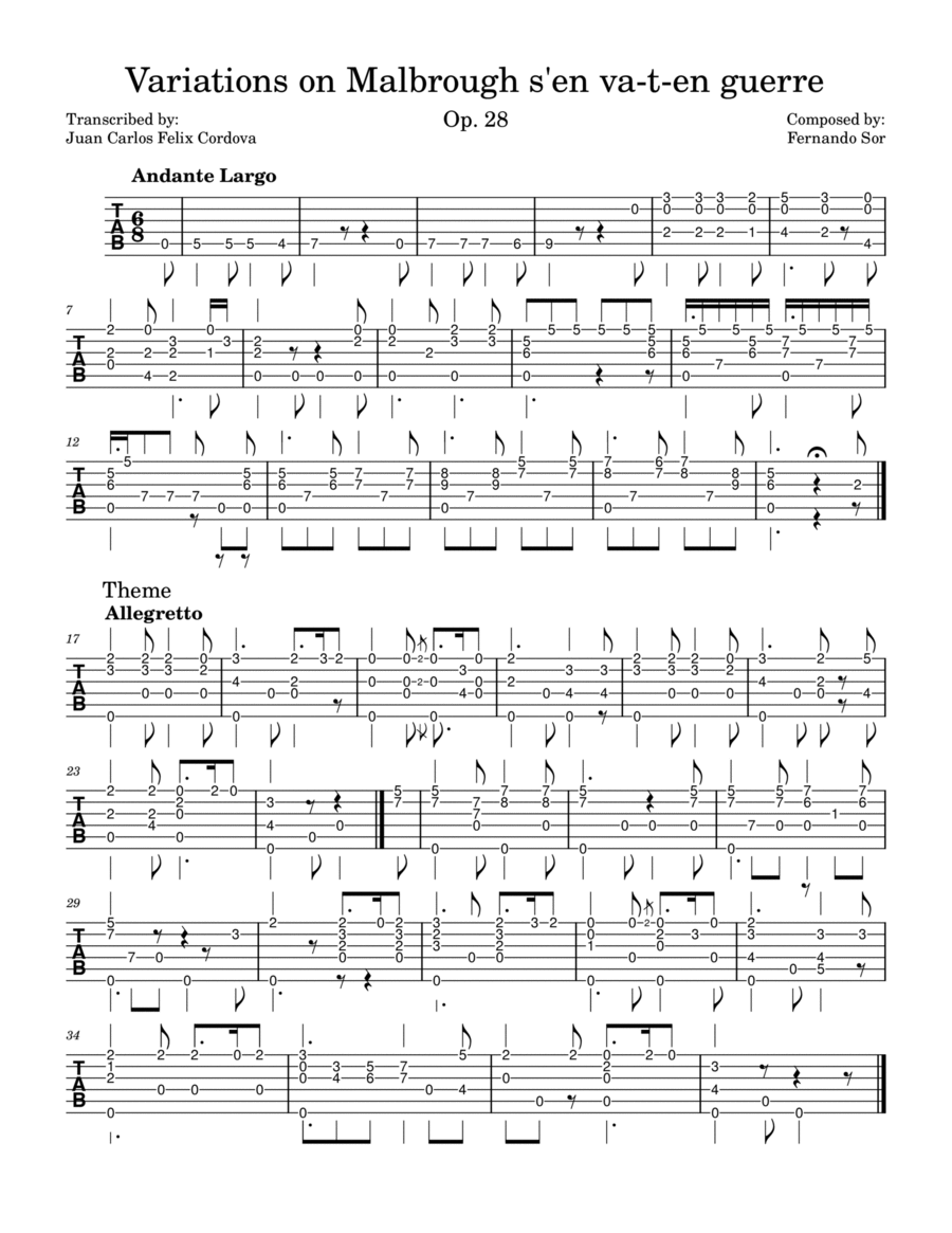 Variations on Malbrough s'en va-t-en guerre, Op. 28 (Tab)