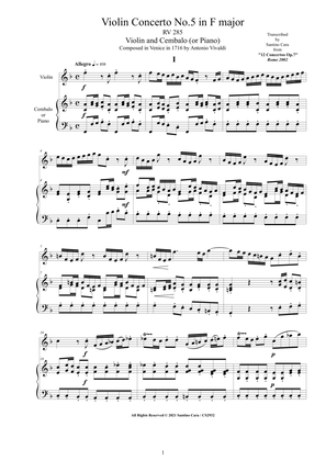 Book cover for Vivaldi - Violin Concerto No.5 in F major RV 285 Op.7 for Violin and Cembalo (or Piano)