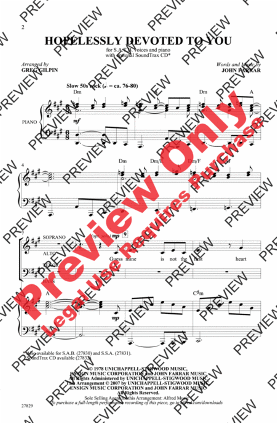 Hopelessly Devoted to You 4-Part scores gallery preview page 2