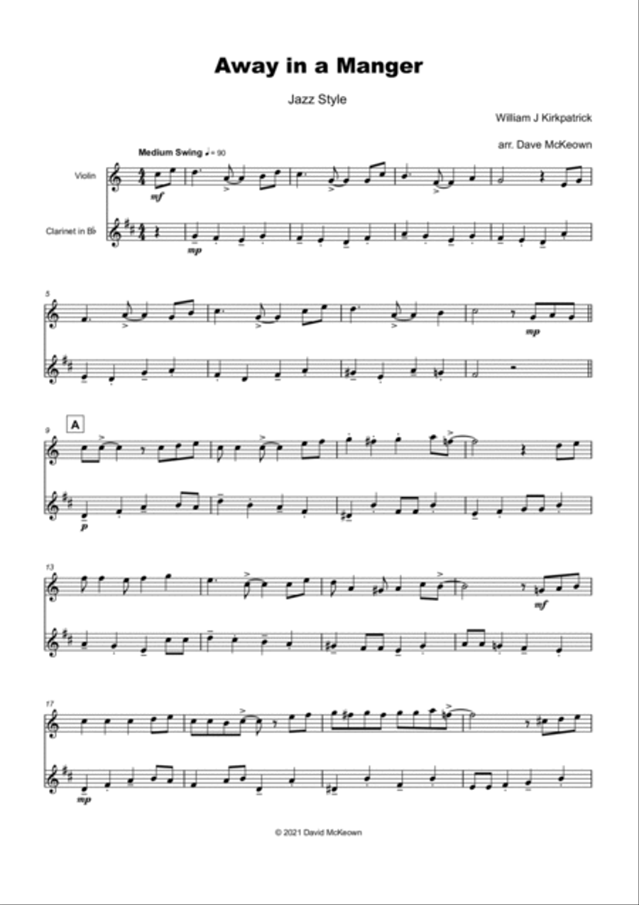 Away in a Manger, Jazz Style, for Violin and Clarinet Duet Clarinet Duet scores gallery preview page 2