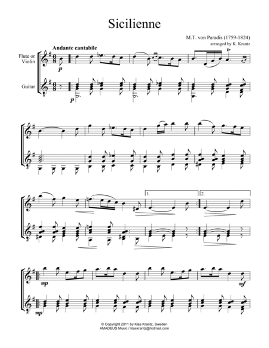 Sicilienne (G major) for violin or flute and guitar Small Ensemble scores gallery preview page 2