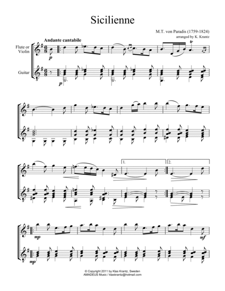 Sicilienne (G major) for violin or flute and guitar image number null