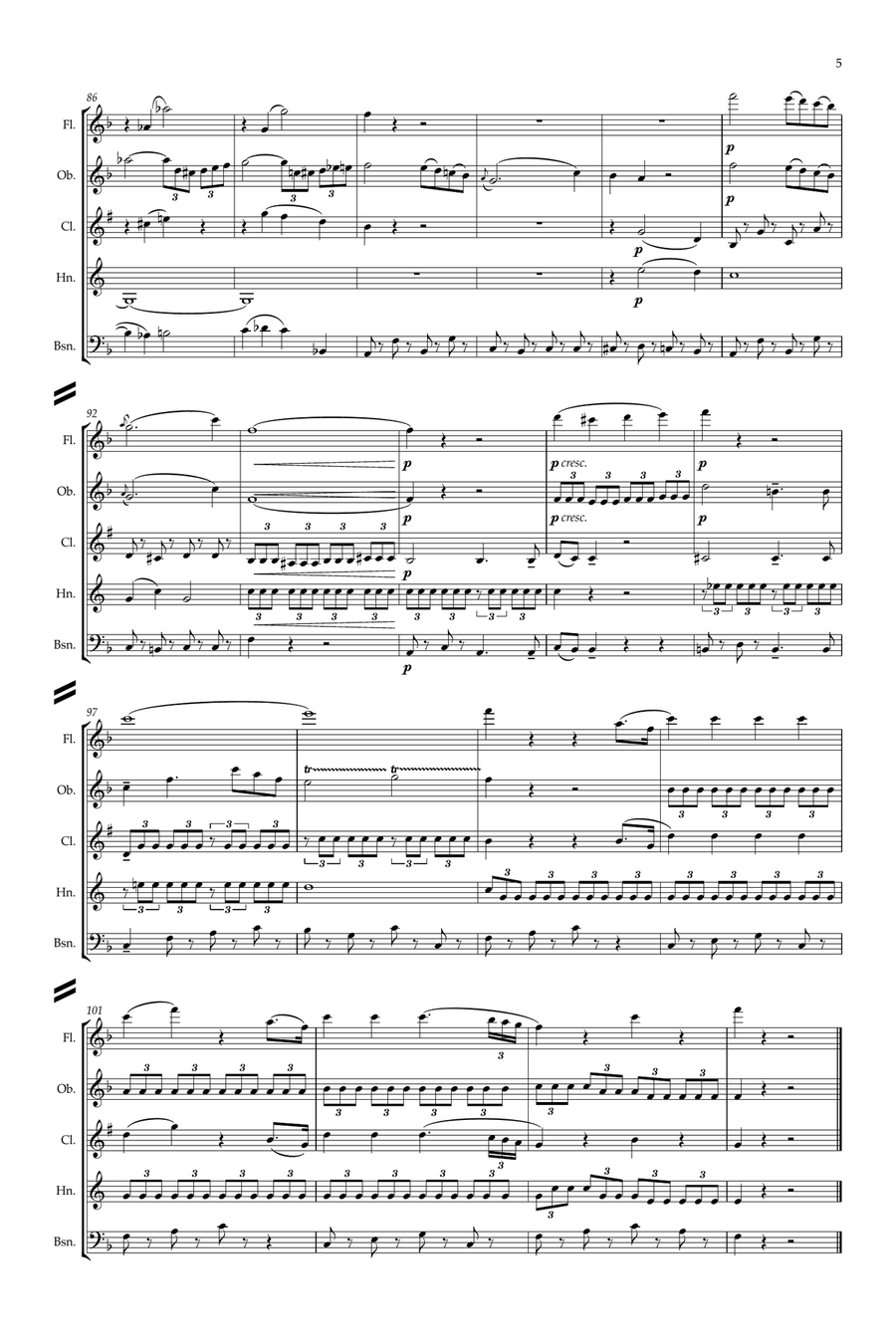 Mozart: Piano Concerto No.21 in C “Elvira Madigan” K467 Mvt.II Andante - wind quintet Woodwind Quintet scores gallery preview page 5