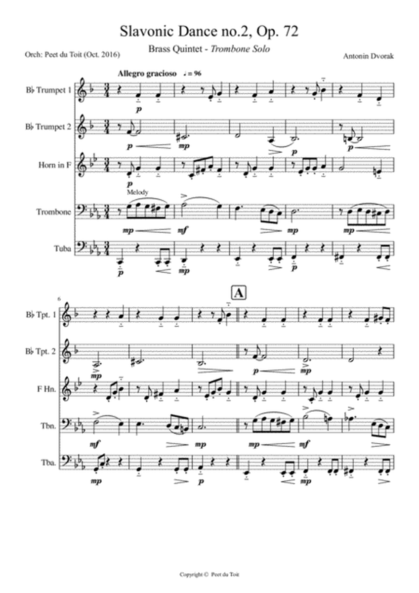 Slavonic Dance no. 2, Op.72 - A Dvorak (Brass Quintet, trombone solo) image number null