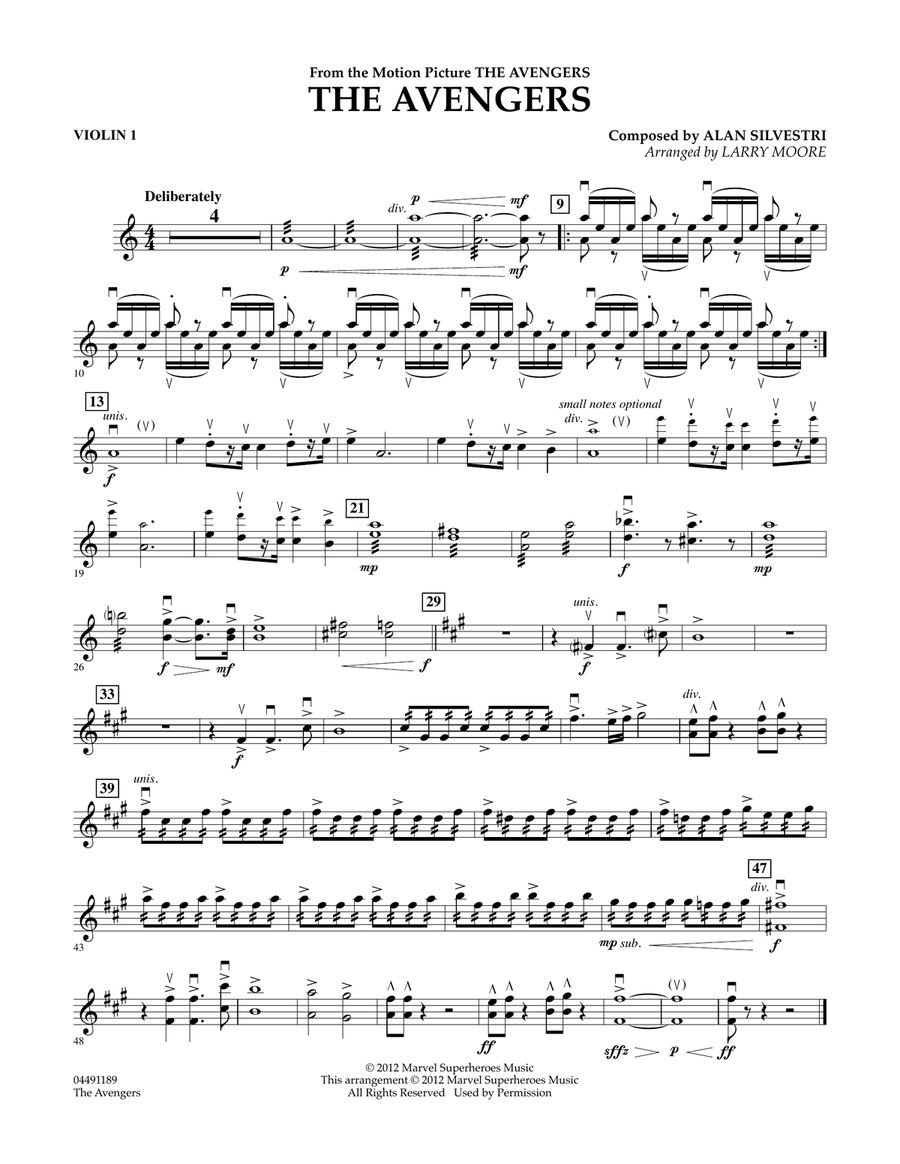 The Avengers (Main Theme) (arr. Larry Moore) - Violin 1 Orchestra scores gallery preview page 1
