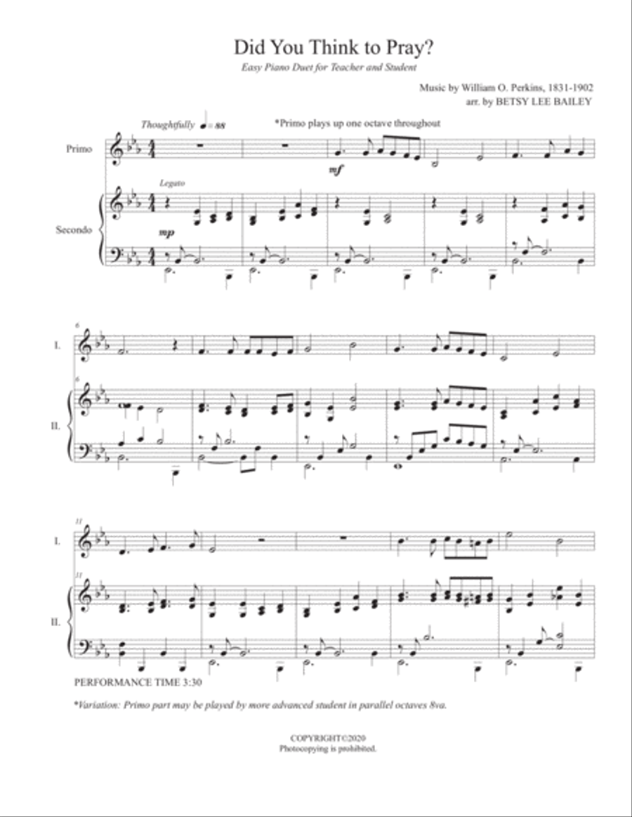 Did You Think to Pray? - easy piano duet Easy Piano scores gallery preview page 1