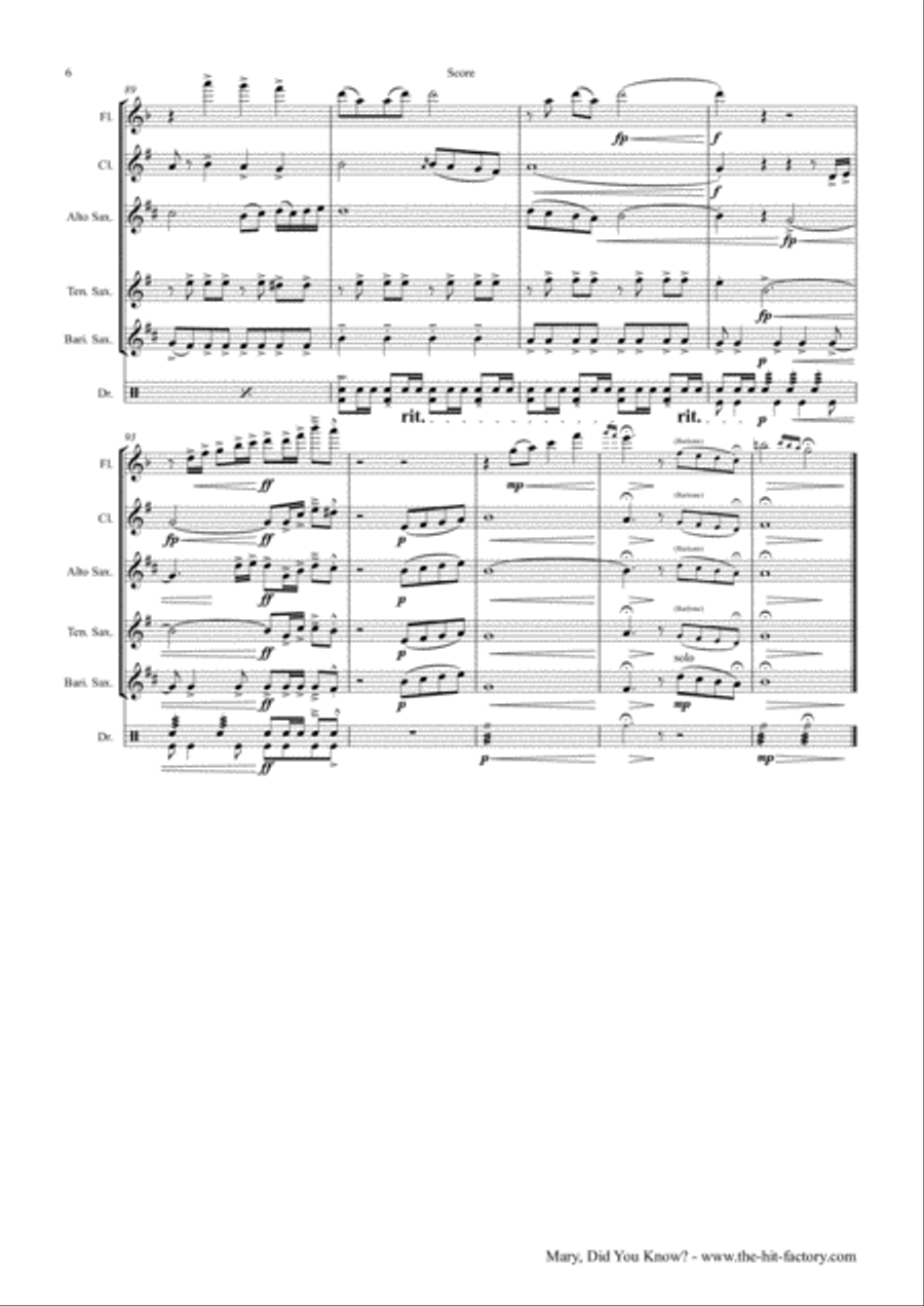 Mary, Did You Know? Saxophone Quintet scores gallery preview page 6