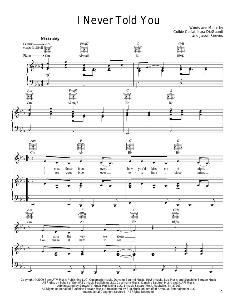 I Never Told You Piano, Vocal, Guitar scores gallery preview page 1